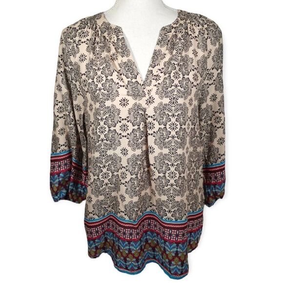 BEACH LUNCH LOUNGE BOHO-INSPIRED CREAM & BLUE BLOUSE SZ.S EUC - Picture 1 of 5